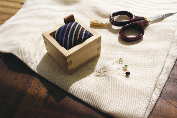 Cohana Spring Summer 2021 Masu Pincushion with Kokura Textile and Shippo Glass Sewing Pins