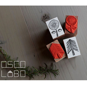 Rubber stamps by Osco Lobo: Wheeled flower, Needle tree